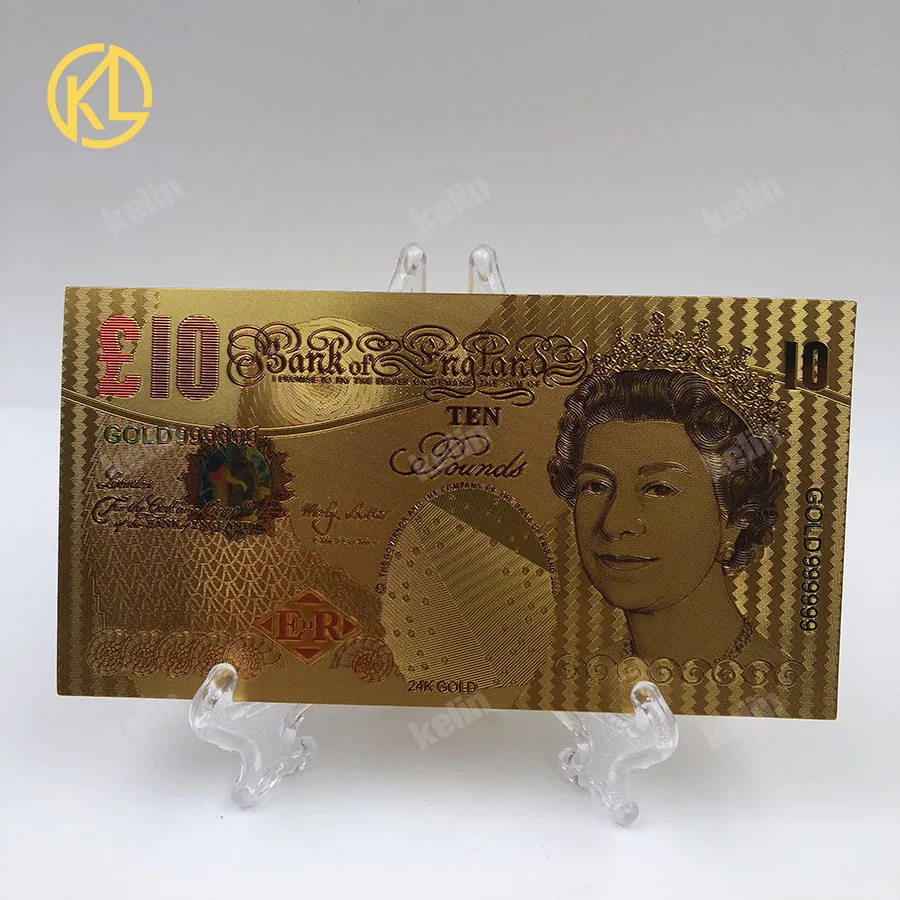 

1pc Colored 24k Gold Foil British Banknote 10 Pounds Note for Collection or Business Gifts