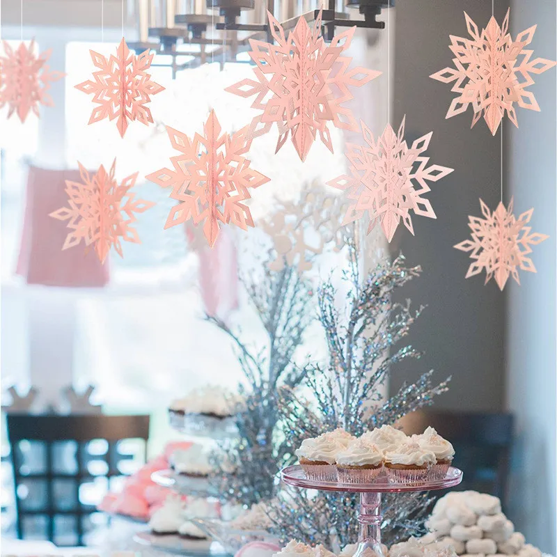 1 Набор новогодних елочных украшений 3D Полые снежинки подвесные украшения Рождественские украшения для дома Kerst Natal. Q - Цвет: Розовый