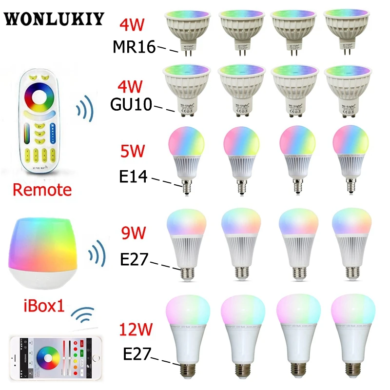 

Mi Light Led Bulb 4W 5W 9W 12W MR16 GU10 E14 E27 RGBCCT (RGB + Warm White+White ) Lamp Control by 2.4G RF Remote Controller Ibox