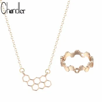 Chandler Silver Gold Color Honeycomb Hexa Rings & Necklaces Love Promise Ring Geometrical Jewelry Set For Women Homme Bijoux