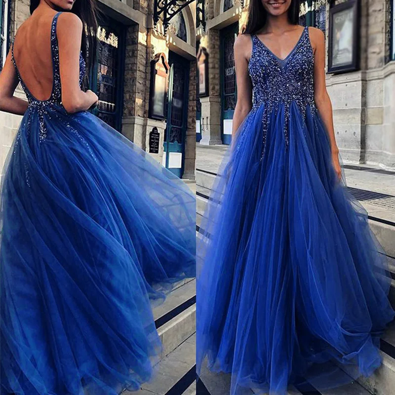 

Women's Dress Elegant Party Wedding Maxi Dresses Sequins Vestidos Backless V-neck Slim Fit Tulle Ladies Юбка Floor Length Dress