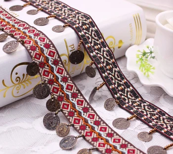

ethnic jacquard webbing woven tape vintage copper disc fringe lace cloth jeans trim ribbon tribal boho DIY native deco sew zakka