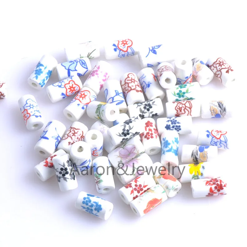

17x9mm 30pcs white flower print Ceramic Beads Loose Beads Fit Jewelry Diy Spacer beads YKL0311