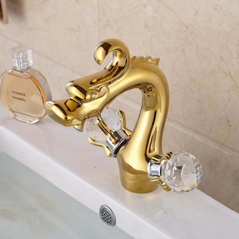 

Dragon Shape Dual Crystal Handle Countertop Faucet for Bathroom Golden Deck Mount