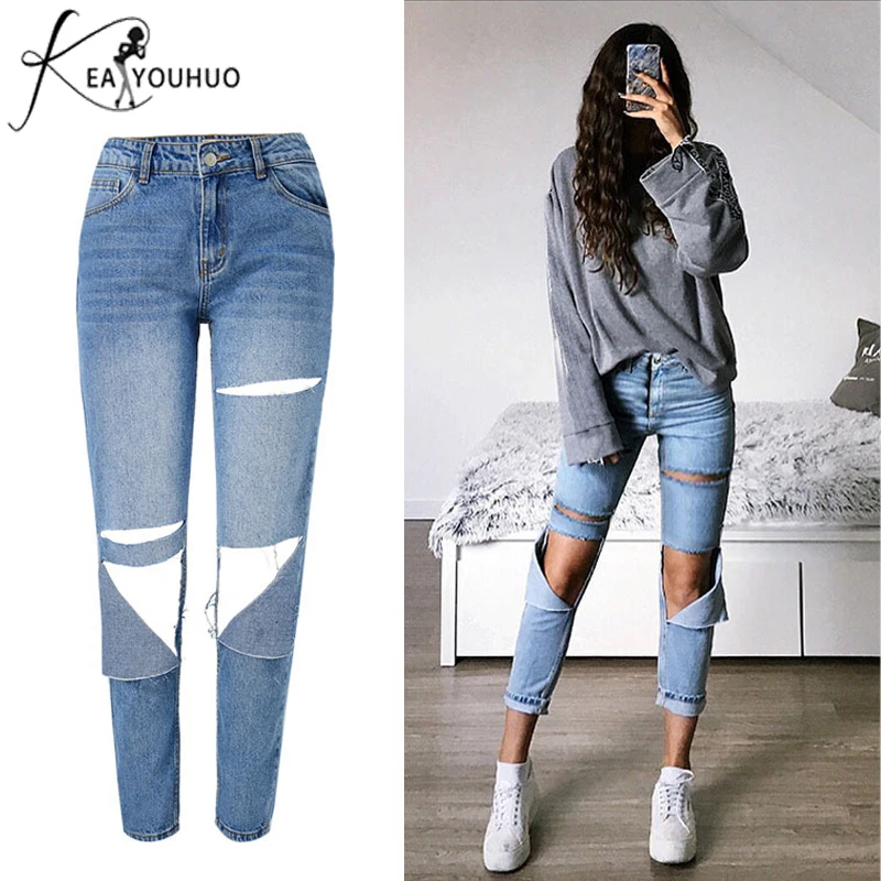 New 2019 Irregular Ripped Jeans For Women Softener Pencil Jeans High Waist Regular Jeans Woman Trousers Denim Mom Jeans Pants
