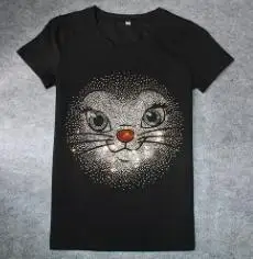 Горячая Распродажа, летние футболки, опт, короткий рукав, дизайнерская женская футболка с рисунком кота, блестящие стразы, круглый вырез, женская футболка - Цвет: Черный