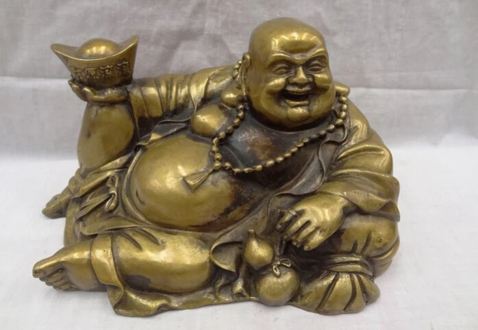 

S4761 9" Chinese Bronze Wealth YuanBao Gourd Happy Laughing Maitreya Buddha Statue D0317