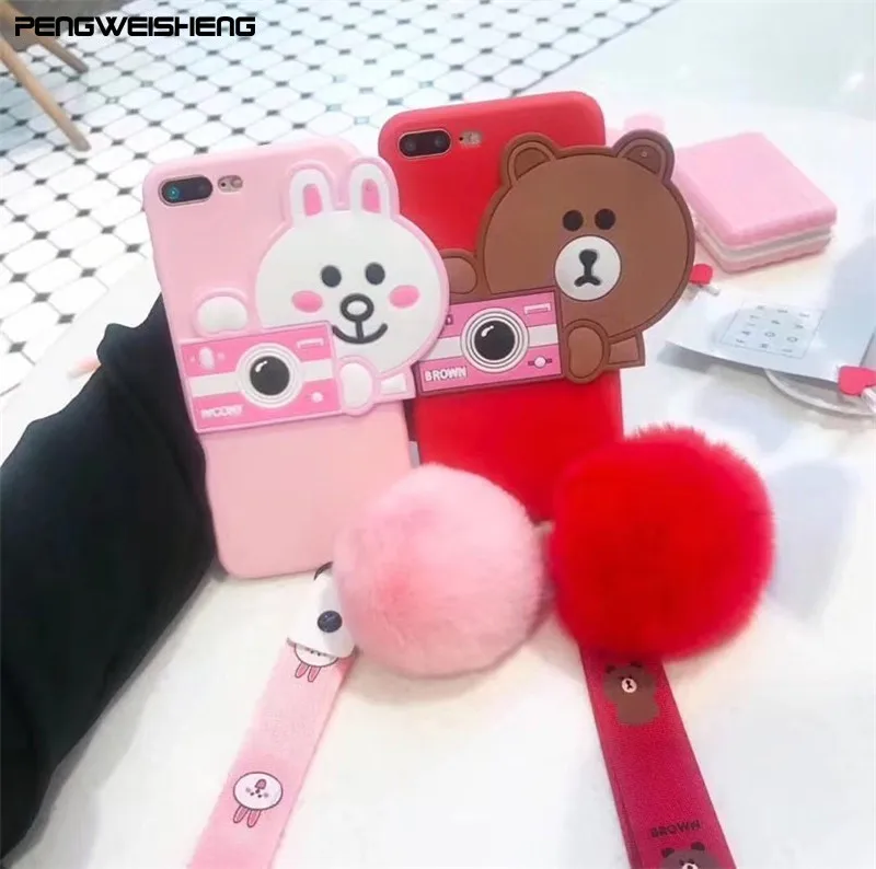 PENGWEISHENG For iPhone X 8 7 6 Plus Luxury Top Rabbit Fur Panda Bear Ear Tail Ball Plush Furry Case iphone plus |