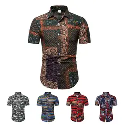 2019 Мужская гавайская рубашка с короткими рукавами пляжный костюм с цветочным рисунком морская рубашка винтажная печать 100% хлопок льняная