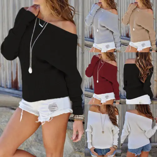 

Hirigin One Shoulder Sweaters Women Autumn 2018 Pure Color Autumn Warm Women Clothes Fashion Long Sleeve Knitted Streetwear