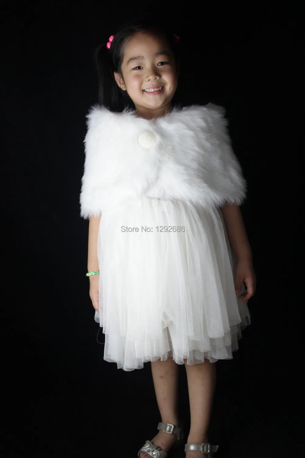 White Flower girl Pearl Faux Fur shawl Wrap Shrug Ivory Jacket Bolero Black Coatin Wedding
