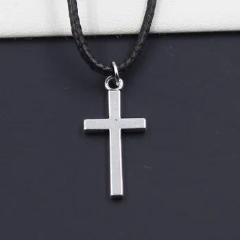 New Durable Black Faux Leather Double Sided Cross Pendant Cord Choker DIY Necklace Retro Boho Tibetan Silver Color