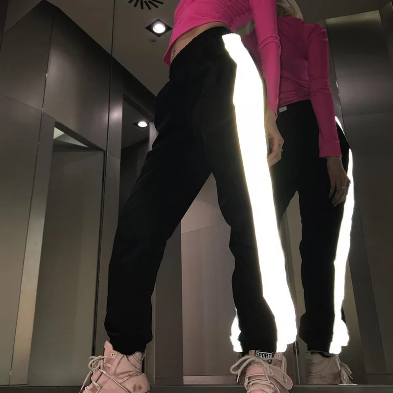

Reflective Stripe Harem Casual Pants Women Trousers Hip Hop Streetwear Sportwear Ankle Length High Waist Trousers Loose Pantalon