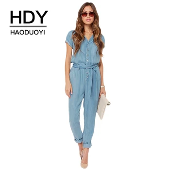 

HDY Haoduoyi Brand Summer 2020 Women Blue V Neck Tie Waist Denim Singal Buttons Short Sleeve Female Elegant Casual Jumpsuits