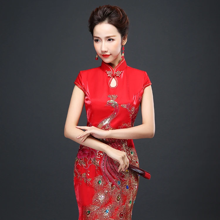 Чонсам «рыбий хвост» длинное платье прогулочный костюм китайский стиль Свадьба Красный модифицированный тонкий тело невесты Свадебная