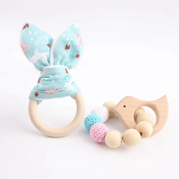 

2pc/set Baby Accessories Organic Cotton Bunny Ear Classic Sensory Toy Food Grade Wooden Teether Baby Shower Gift Nurse Charms