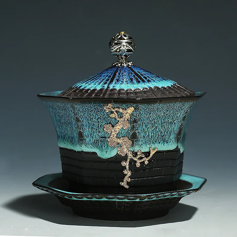 Креативный цветной глазурь керамический гайвань с крышкой блюдце набор винтажная посуда для напитков офис сделать чай черный чайник для подарков на день рождения - Цвет: M