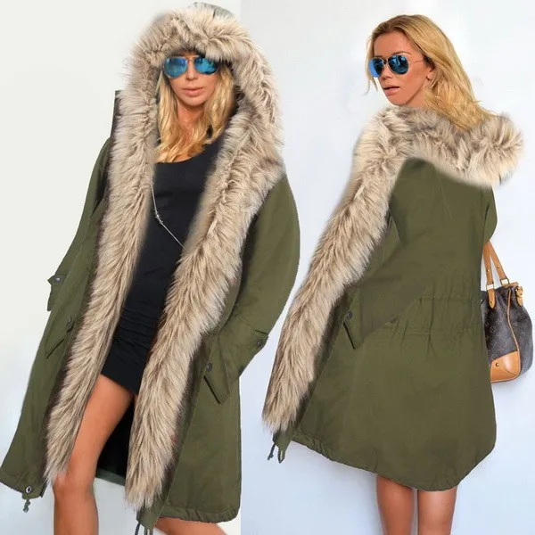 Alishebuy Plus Size Women Fashion Winter Warm Faux Fur Hooded Open Front Fleece Parka Solid Coat