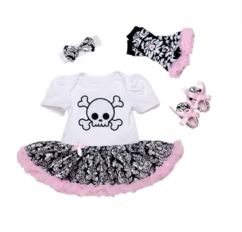 

4PCs per Set Baby Girls' Halloween White Skull Tutu Dress Infant Halloween Costume Outfit Headband Shoes Leg Warmers
