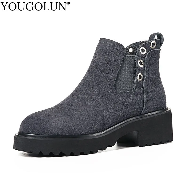 

YOUGOLUN Genuine Matte Leather Ankle Boots For Women Lady Winter Mid Square Heels Woman Round Toe Black Gray Chelsea Shoes #B198
