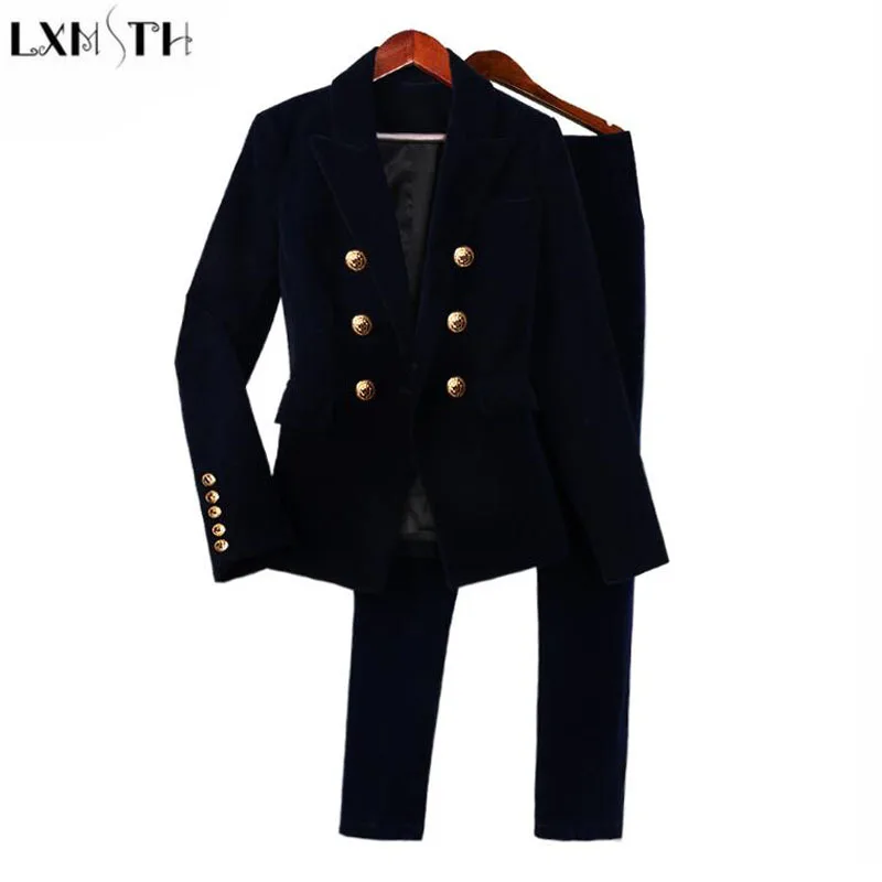 LXMSTH Fluwelen Set Vrouwen Double Breasted Blazer 2 stuk Broek Past 2019 Lente Herfst Mode OL Formele Slanke Dames Pak kantoor LXMSTH Fluwelen Set Vrouwen Double Breasted Blazer 2 stuk Broek Past 2019 Lente Herfst Mode OL Formele Slanke Dames Pak kantoor