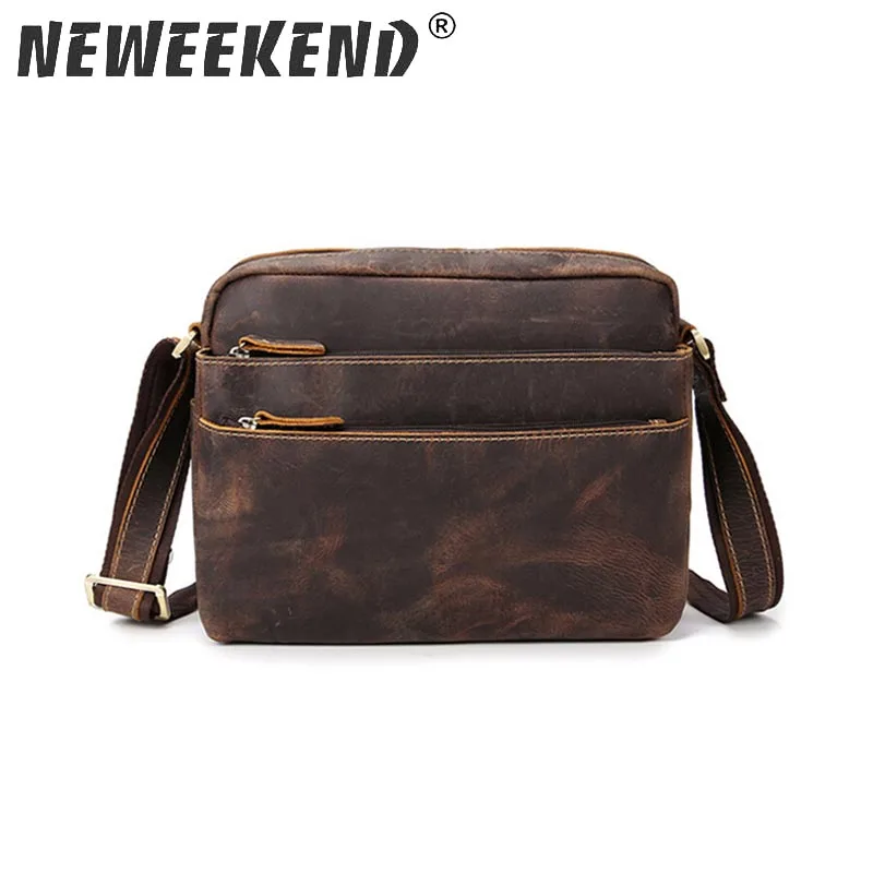 

NEWEEKEND 98601-1 Vintage Genuine Leather Crazy Horse Slight Soft Zipper Pockets Shoulder Crossbody Messenger iPad Bag for Man