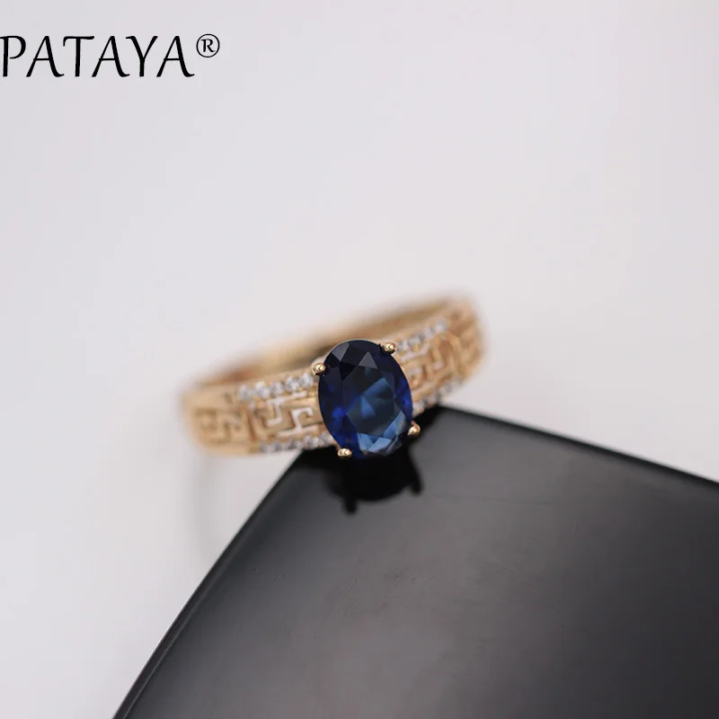 PATAYA, Новое поступление 585, розовое золото, полое кольцо, овальное, темно-синее, натуральный циркон, кольца для женщин, для свадьбы, вечеринки, изысканное ювелирное изделие с резным узором