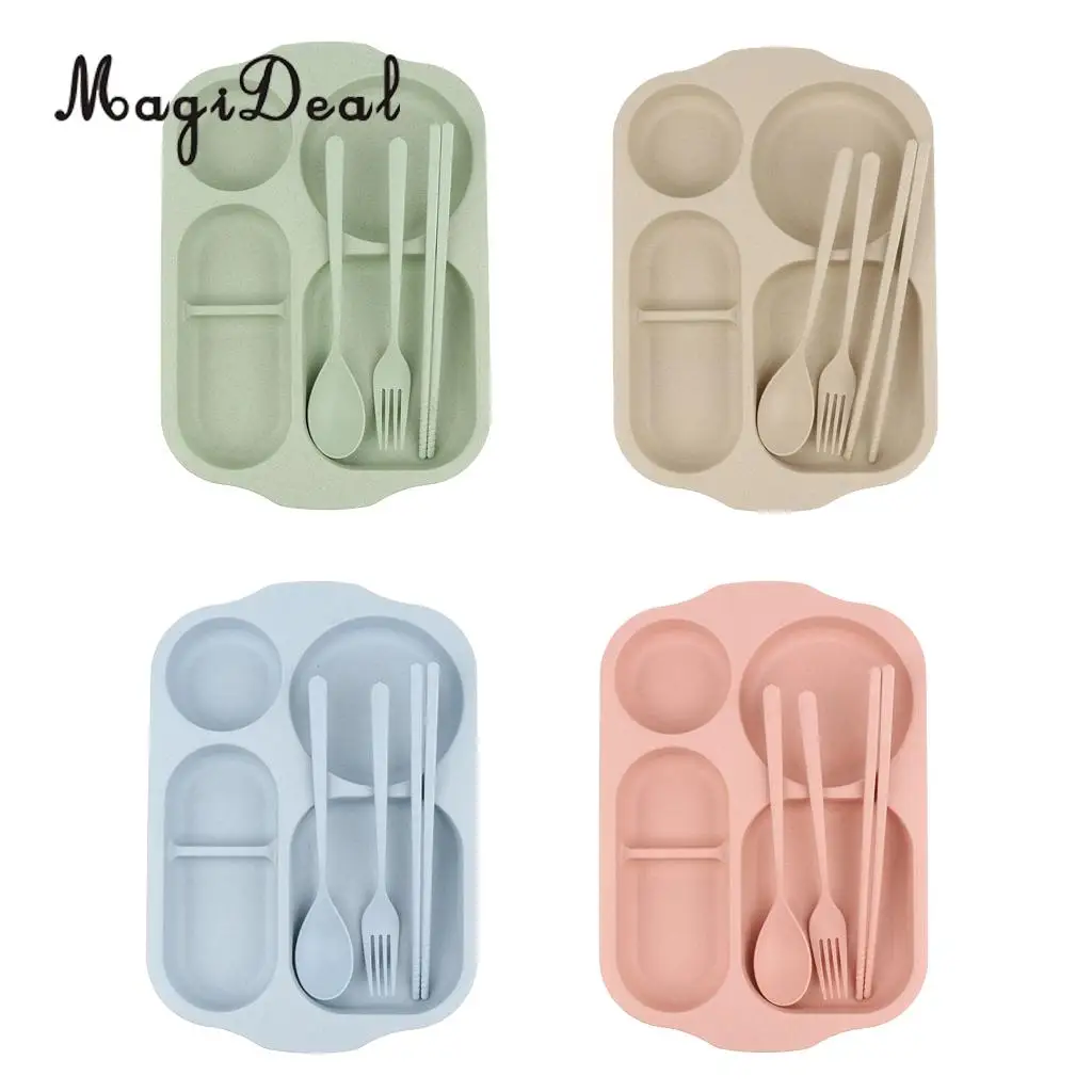 MagiDeal Divided Dinner Tray Lunch Container Food Serving Plate 5 Section with Chopsticks Spoon Fork Cutlery Tableware Set