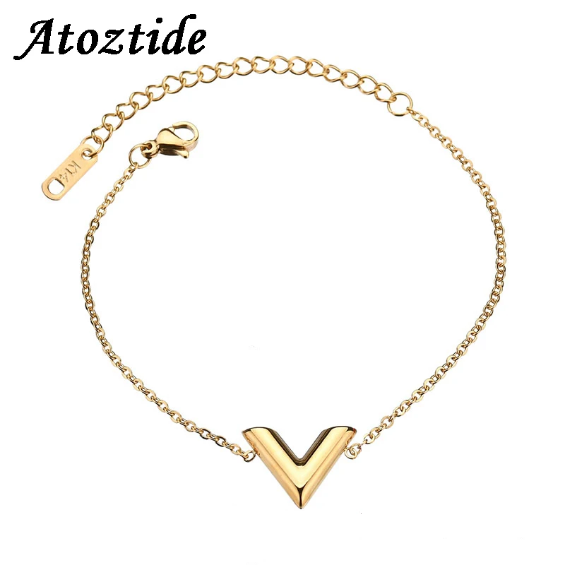 

Atoztide Simple Stainless Steel Letter V Bracelets For Women Adjustable Round Gold/Silver Color Initial Bangle Wedding Gift