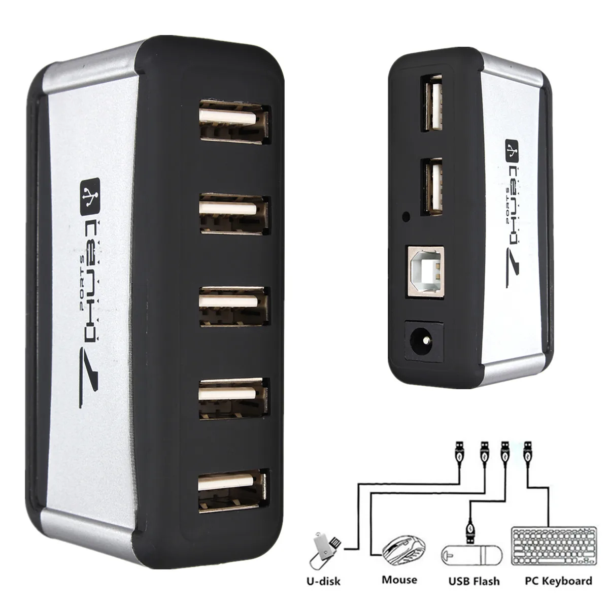 

US EU UK Plug 7 Ports USB 2.0 High Speed Hub USB Expansion with AC Power Adapter Cable for PC Laptop USB