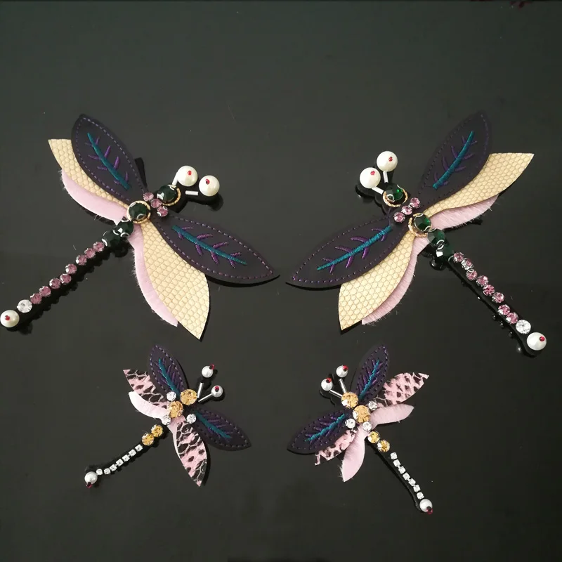 

Creative Leather Beaded Patches for Clothes Diamond Dragonfly Buiter Accessories Big Bees Rhinestones DIY Brooch Patch A1330