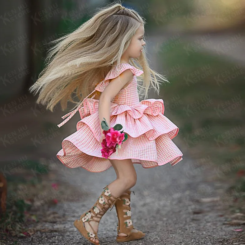 Платье принцессы в клетку для детей 2-7 лет; платья для маленьких девочек; костюм для детей; коллекция года; детская одежда для девочек; одежда для дня рождения