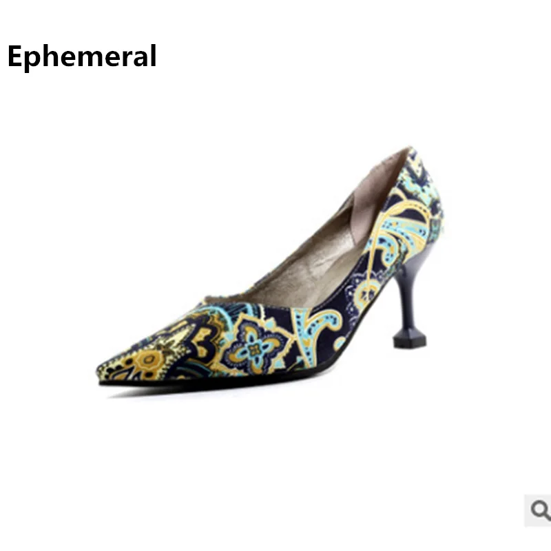 

Women Single Shoes Shallow Mouth Vintage Style Printed Flowers Blue Orange Stilettos Plus Size 48-34 Strange Thin Heel Nigh Club