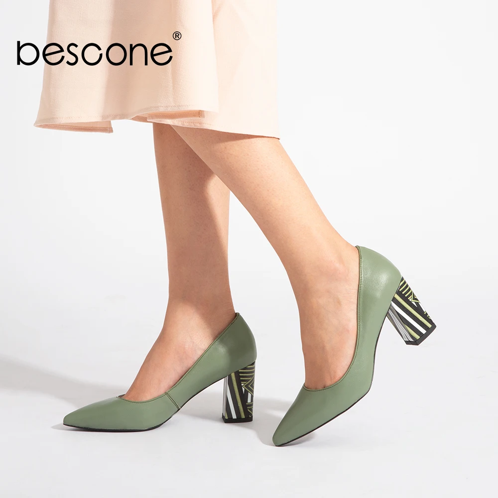

BESCONE Genuine Leather Office Woman Pumps Design Pointed Toe Slip On Lady Shoes Fashion Patterned Square Heel Female Shoes A84