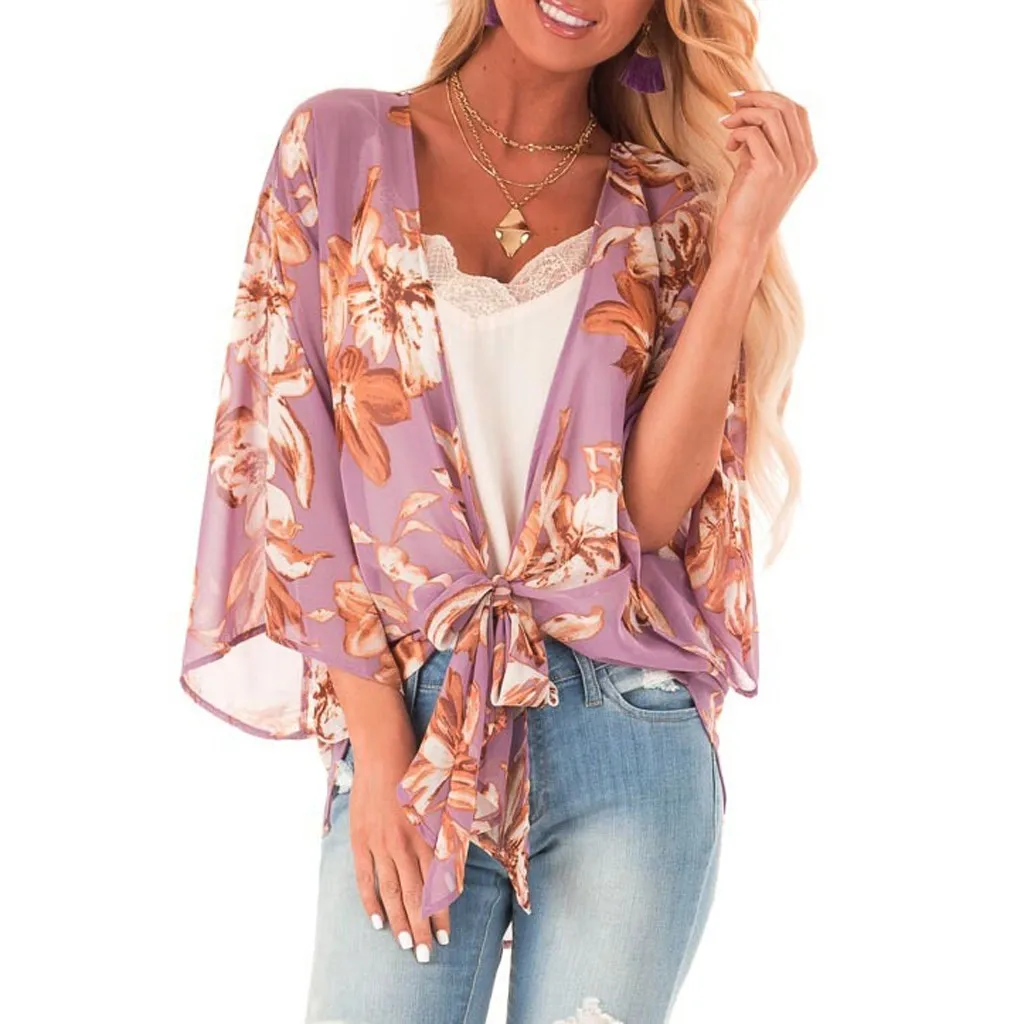 

2019 Summer Floral Print Bikini Cover Up Cardigan Chiffon Beach Dresses Kaftan BeachTunic Women Bathing Suit Beach Pareos Cape