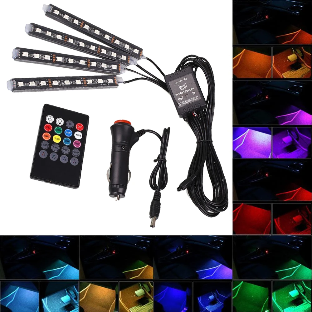 

12V LED Lights RGB Colorful 4x9 LED Lamp Remote Control Car Interior Floor Decorative Lights Strip Car Atmosphere Lights