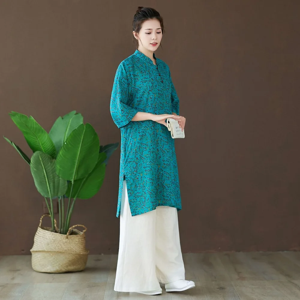 LZJN 2019 Autumn Blouse Long Sleeve O-Neck Chinese Style Shirt Ethnic Ladies Cotton Tunic Tops Floral Blouses for Women 2 Colors (14)