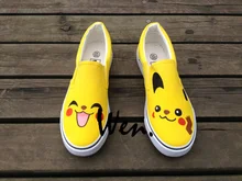 Wen Unisex Anime Hand Painted Shoes Design Custom Pokemon Pikachu Slip On Canvas Sneakers for Birthday Christmas Gifts
