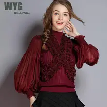 Kawayi корейский стиль Раффлед свитеры для женщин и пуловеры осень г. Высокое качество крест оборками полосатый рукав-фонарик Модные топы