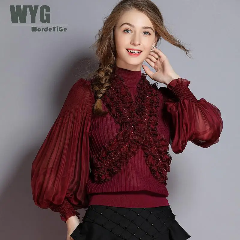 

Kawayi Korea Style Ruffled Sweaters and Pullovers 2018 Autumn High Quality Cross Frilled Striped Lantern Sleeve Fashion Tops