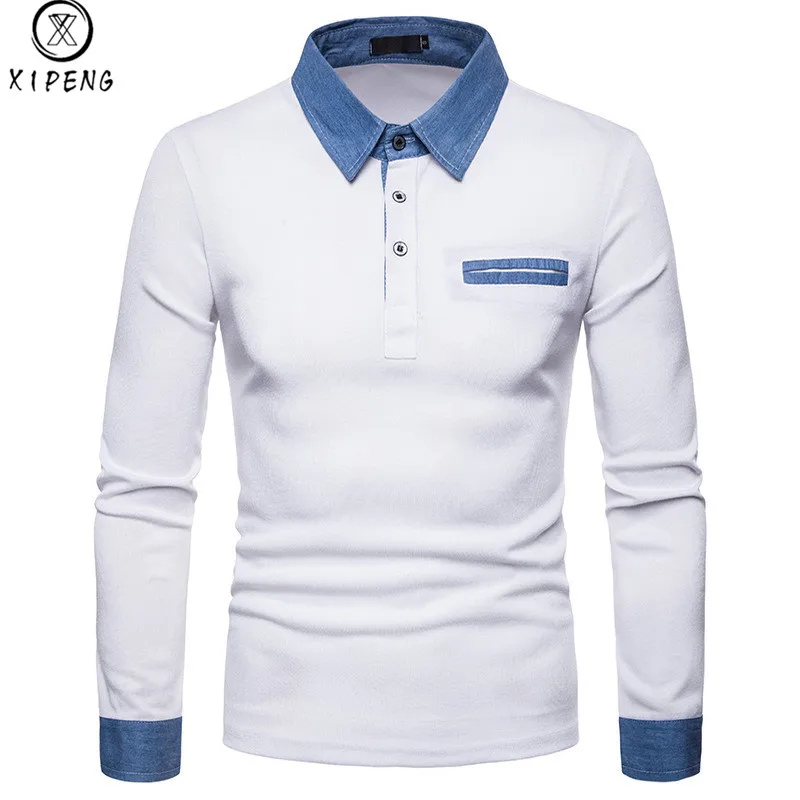 Denim Patchwork Polo Shirt Men Long Sleeve Turn down Collar Mens