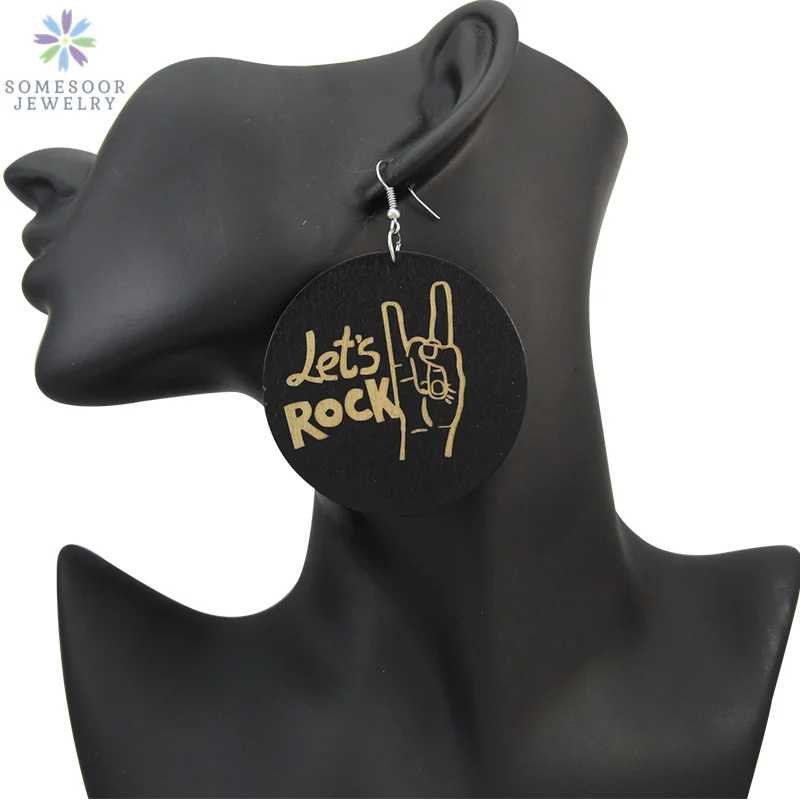 

SOMESOOR Let‘s Rock Carved Wooden Drop Earrings Black Power Jewelry 6cm Large Size Fit Africans Americans Indians For Women Gift