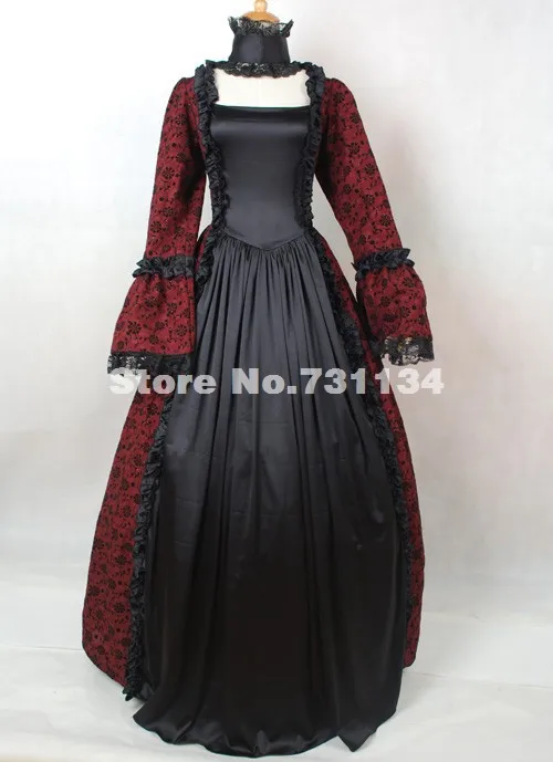 Черный и темно-красный напечатанный Хэллоуин викторианский костюм Бальные Халаты Костюмы, элегантная Королева вампиров викторианское платье для балла маскарада - Цвет: Красный