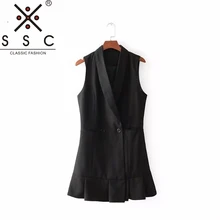 Autumn and Winter Women’s Black Long Vest Fashion Office Lapel Slim Cropped Top 2018 New Sleeveless Pleated Skirt Suit Vest F122