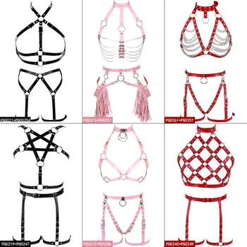 

Pentagram Top Cage Hraness Leather Bra Women Metal Chain Body Cage Punk Gothic Garter Belt Set Tassel Lingerie Adjust Dance Rave