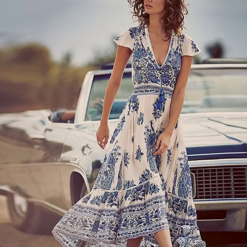 2018 font b Vintage b font Women Summer Boho Long Maxi Evening Party font b Dress