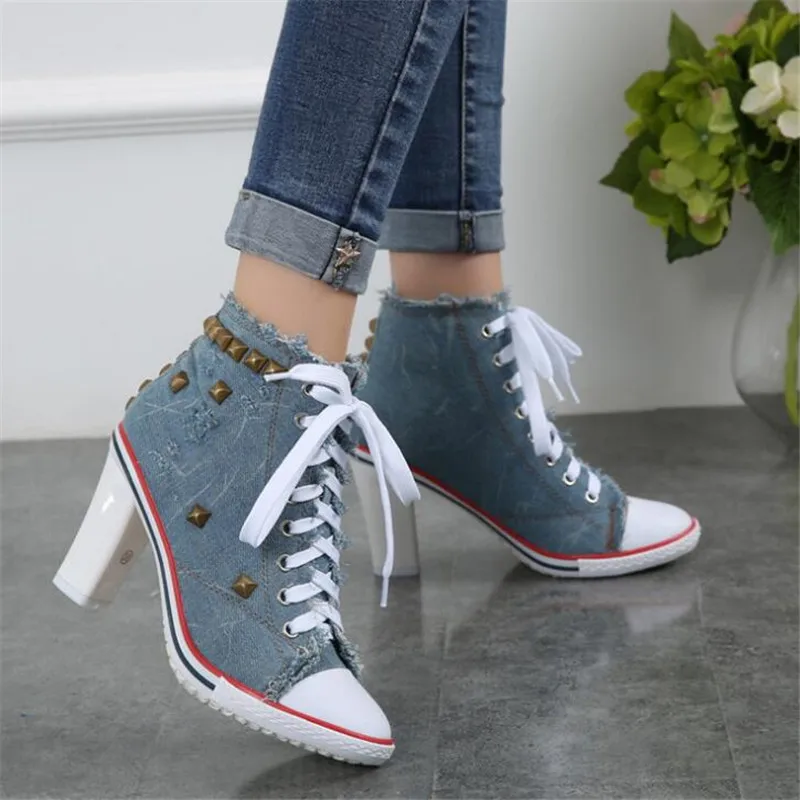 Womens Chic High Heel Rivet Denim Canvas Lace Up Boot Bagger Sneaker Party Shoes 