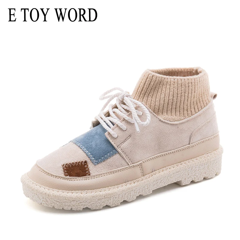 

E TOY WORD Women Autumn Winter Boots Suede canvas color matching Ankle Boots women knitted Lace Up fisherman Shoes women