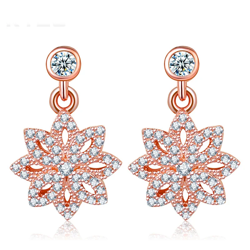 

rose gold colour Snowflake stud earrings Statement simple crystal AAA Zircon small Earrings for woman fashion jewelry gift