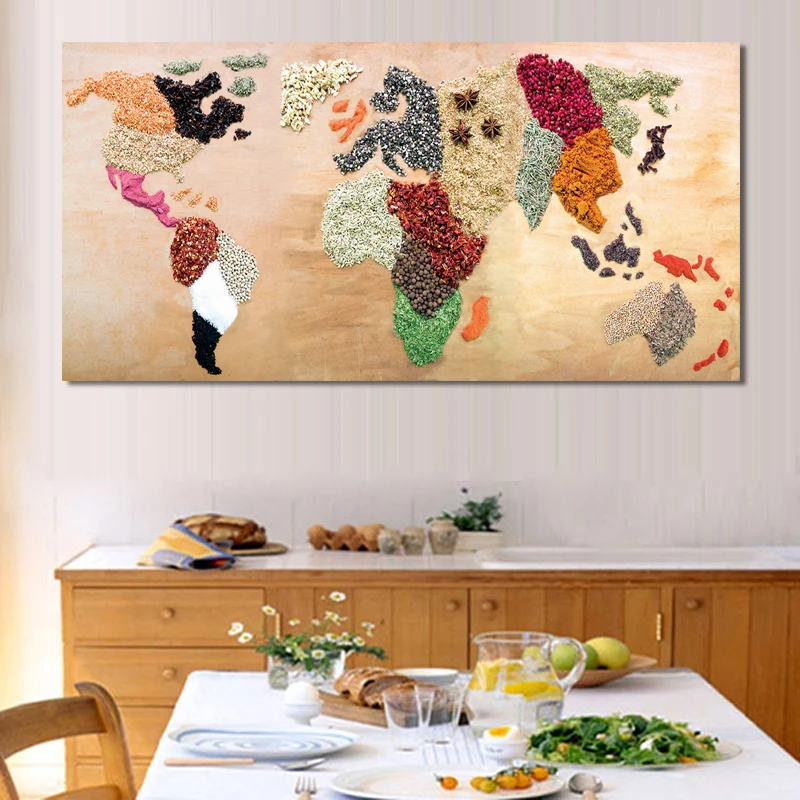 

Posters and Prints Wall Art Canvas Painting World Map Made up of Food Ingredients Decorative Pictures for Kitchen Room Decor
